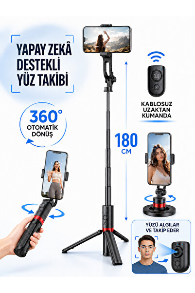 Moxti Yapay Zeka Destekli Yüz Takipli Selfie Stick 180cm Tripodlu Telefon Sta...