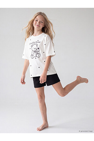 LC Waikiki Lcw Kids Ecru Printed Girls' Shorts Pajama Set