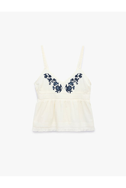 Koton Cotton Floral Embroidery Detailed V-Neck Strap Blouse