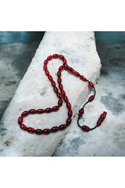 İnan Tesbih Arpa Cut Red Color Ankle Length Mini Size Fire Amber Prayer Beads