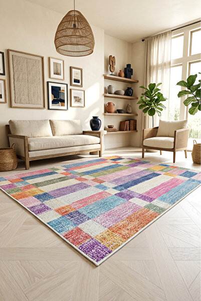 Decomia Home Vintage Etnik Renkli Kaymaz Dokuma Tabanlı Yıkanabilir Şönil Kil...
