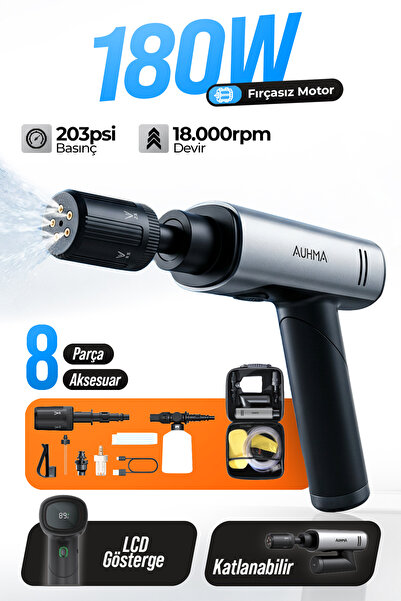 auhma 180W LCD Led Ekranlı Kablosuz Katlanabilir Araç Yıkama Makinesi 203 Psi...