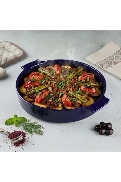 Aryıldız Elissa Embossed Round Oven Dish Cobalt 32.5 cm