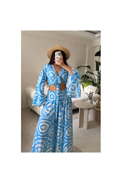 Boho Set Seda cu pantaloni albaștri