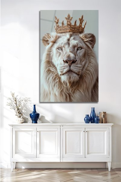 BestSanat Taçlı Beyaz Aslan Cam Tablo