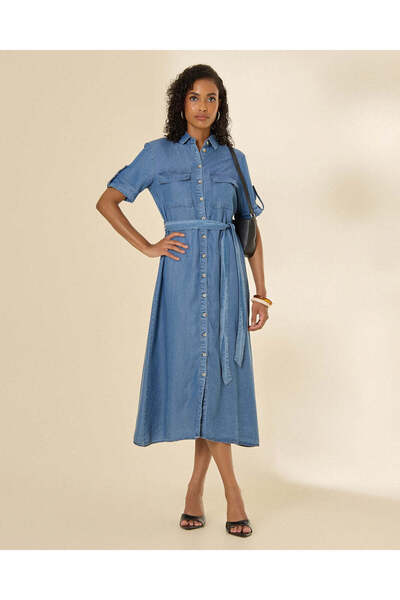 REDTAG Women Light Wash Tencel Button Down Dress With Belt
