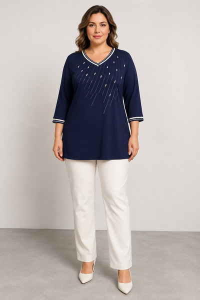 bihan store Women's V-Neck Blouse with Pearls and Sparkle Stripes Y26-702-Nav...