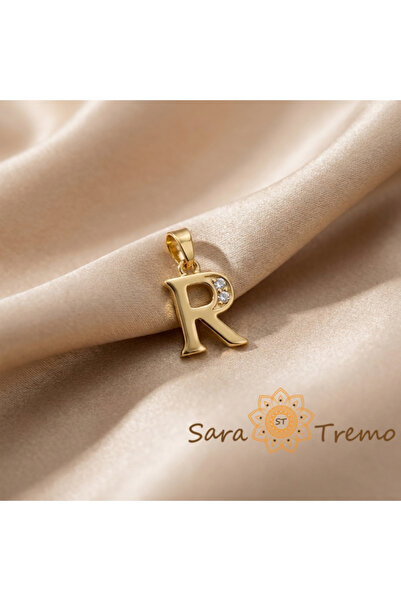 SaraTremo Pandantiv litera R cu zirconiu, placat cu aur de 14K în trei straturi