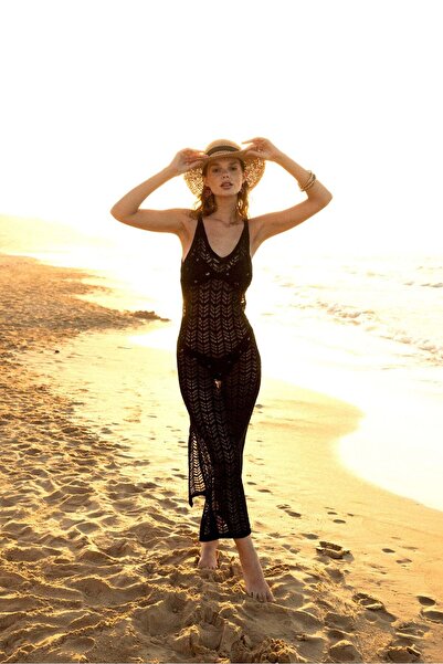 Antioch Black Deep Neckline Openwork Long Dress