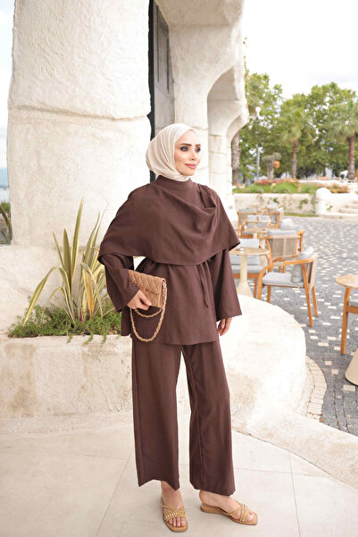 İmajButik Brown Shawl Detailed Tunic Trouser Suit