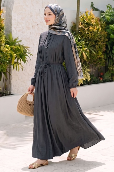 InStyle Nervürlü Düğmeli Antrasit Elbise