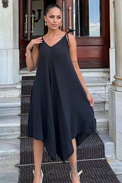 Moda4x4 Women's Clothing Black Imported Muslin Fabric, Rope Straps, Asymmetri...