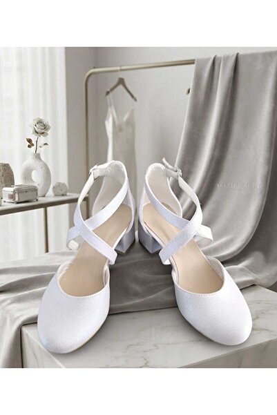 SGF KIDS Karnıyarık Cross White Sand Glitter Heel Evening Dress Shoes