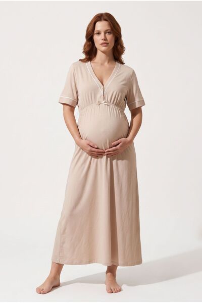 LOHOUSE Women's Beige Ribbed Buttoned New Season Maternity Nightgown Set with...