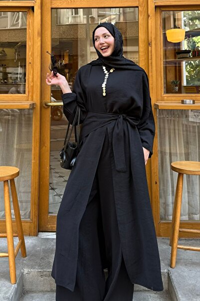 Modaensarbutik Yandan Yırtmaçlı Omuz Şallı Premium Tesettür Takım-SİYAH