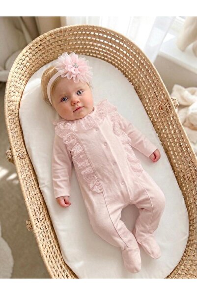 Bebila Baby Baby Girl Mevlütlük Jumpsuit with Lace Bandana 100% Cotton Hospit...