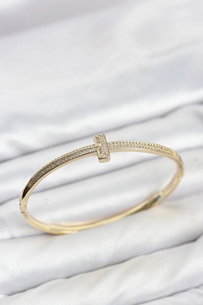 TakÇalıştır Gold Color t Model Zircon Stone Women's Cuff Bracelet