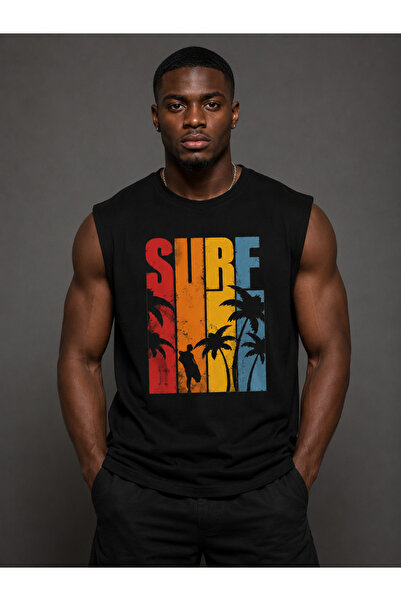 ENB1R MODA قميص رجالي أسود بدون أكمام مطبوع عليه Surf برقبة دائرية ملابس رياض...