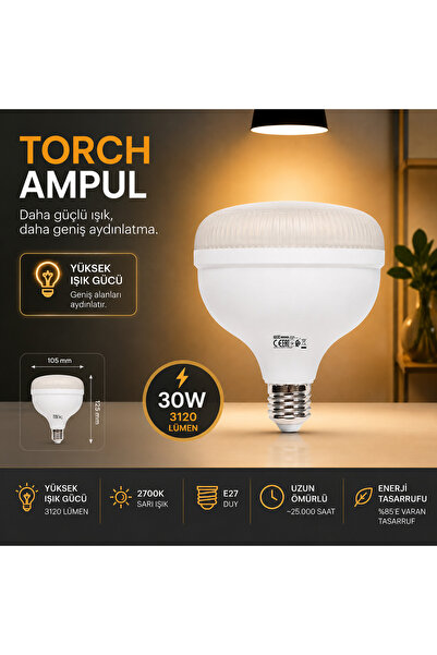 repplam 30W Torch Ampul Sarı Işık 3120 Lümen Yüksek Işık Büyük Ampul
