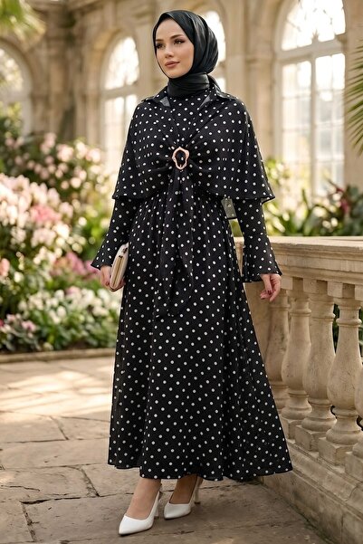 TOFİSA Polka Dot Patterned Cape Dress Black - 28721-Black