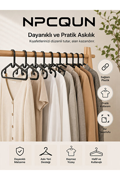 NPCQUN 10'lu Siyah Plastik Elbise Askılığı Kaymaz Çentikli Dayanıklı Giysi Askısı