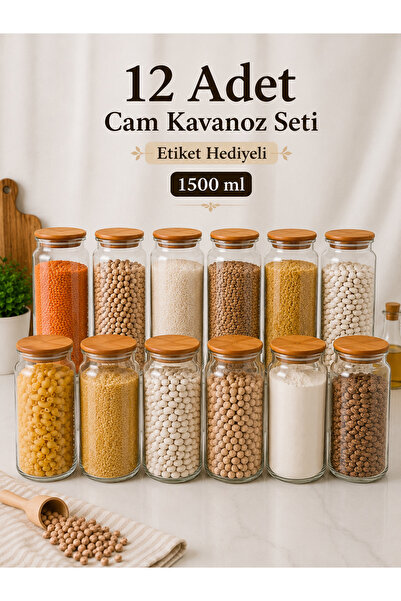Zivora Home 12'li Büyük Boy 1400 ml Ahşap Kapaklı Cam Erzak Kavanozu – Çay Şe...