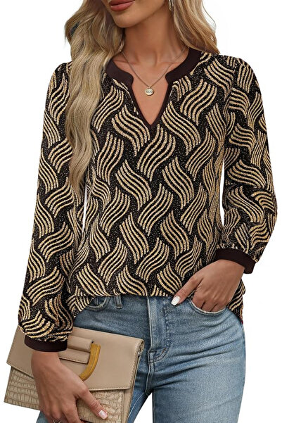 OEM Bluză de damă ușoară, neagră și aurie, cu mâneci lungi, decolteu în V, 2XL