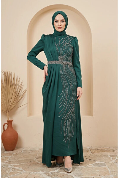 sefamerve Satin Stone Detailed Hijab Evening Dress 5724-04 Emerald Green