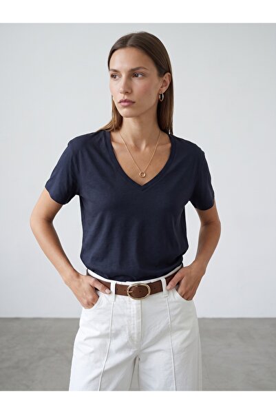 Dilvin 32847 Lyocell Blended V-Neck T-Shirt-Dark Blue