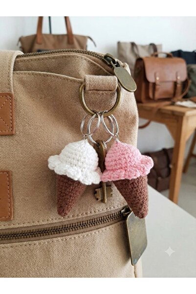 2'li Amigurumi Dondurma Figürlü Anahtarlık Seti - Beyaz & Pembe Çanta Süsü