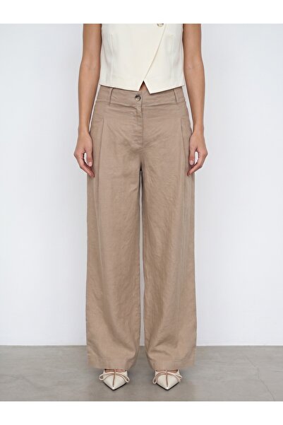 Dilvin 72762 100% Linen Wide Leg Trousers-Beige