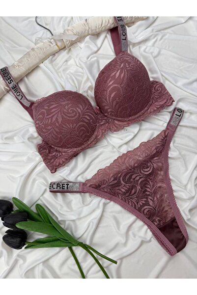 ROZENİN LINGERIE Taş Detaylı Dantelli Destekli Sütyen Tanga İç Çamaşır Takımı