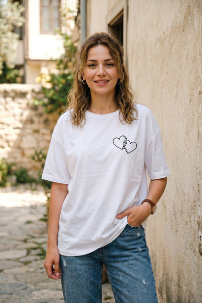 BAGAND Premium Minimal Double Heart Pattern Oversize Unisex T-Shirt 100% Cott...