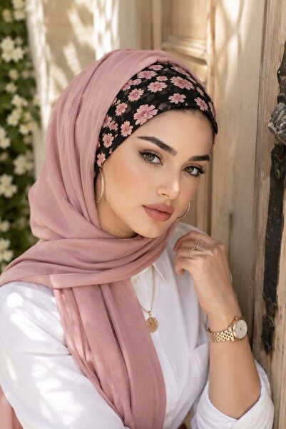 Aişe tesettür Powder Floral Bandana Ready-To-Wear Shawl with Plain Front