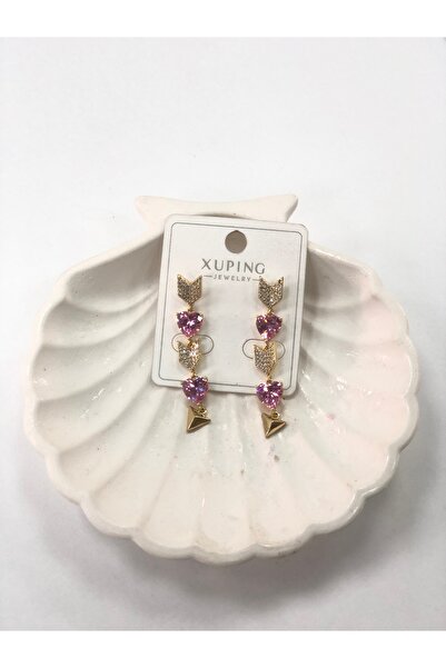 VLDORO Xuping Pink Stone Heart and Arrow Motif Pendant Steel Earrings