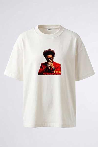 Anetos تي شيرت أبيض كبير الحجم مطبوع بتصميم The Weeknd_38