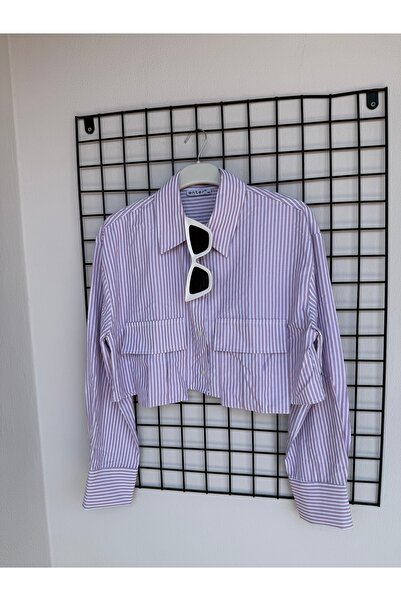 BBbutik Oversize Pembe Çizgili Spor Şık Crop Gömlek