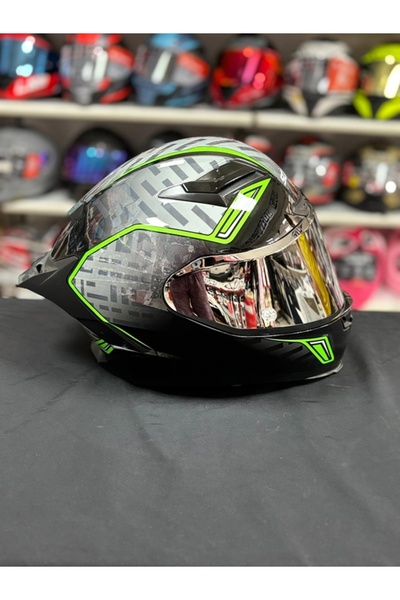 Scoyco FF871 EXORCISM (GREEN) Gümüş Vizörlü Kask (Siyah Spoiler ve Gümüş Vizö...
