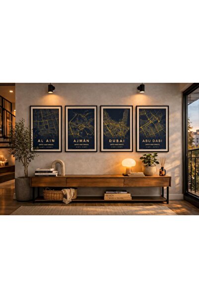 HOME MODE UAE 4 City Map Set A4 Black Frame | Dubai Abu Dhabi Ajman Al Ain Wa...
