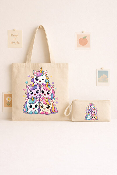 Maki Craft DTF Baskılı Sevimli Unicornlar Bez Çanta ve Fermuarlı Kalemlik Set...