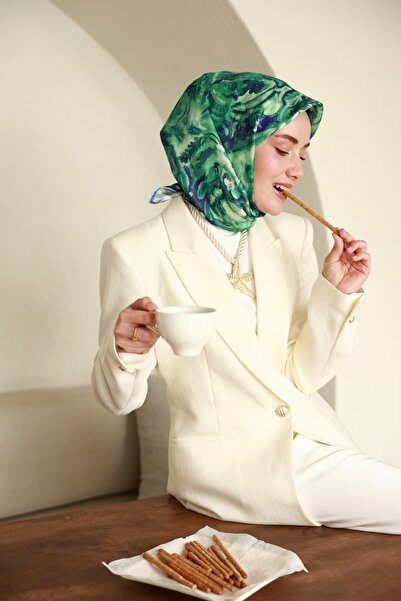Silk Home الأخضر، الأزرق الفاتح، النمط الهندسي الأخضر الداكن، وشاح حريري تيفي...