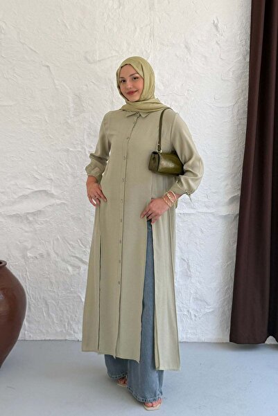 Modaensarbutik Yırtmaç Detaylı Boydan Düğmeli Tasarım Tunik-MİNT YEŞİLİ