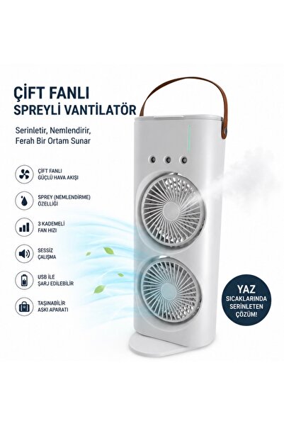 Genel Markalar Çift Fanlı Şarjlı Spreyli Masaüstü Vantilatör | USB Şarjlı Taş...