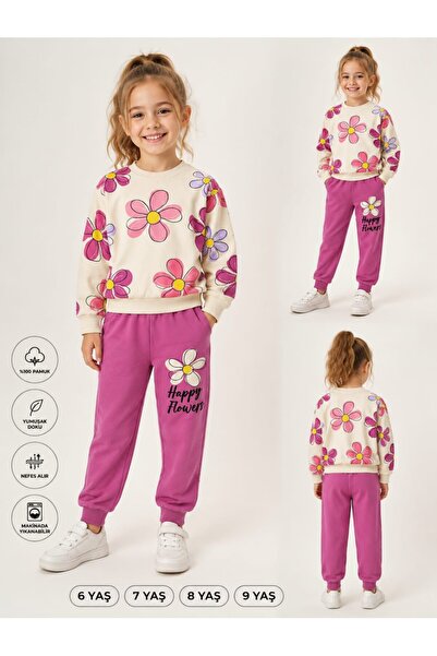 vinezza Kız Çocuk Papatya Desenli Sweatshirt Eşofman Altı 2'li Mevsimlik Takı...
