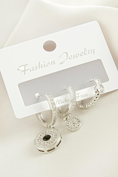 ZERO LAND Ilkestor 3 Pieces Round Zircon Stone (15731) Earrings-Silver Color