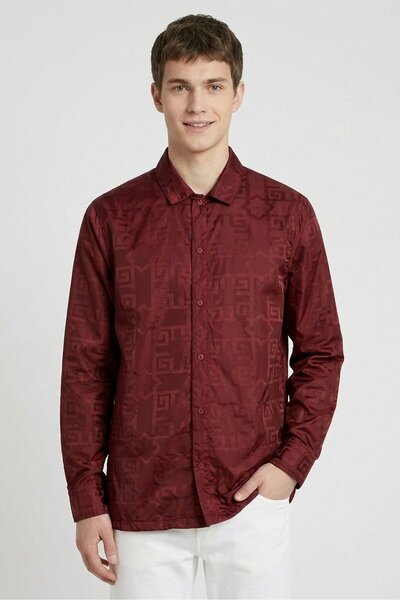 The Giving Movement Men Regular Fit Monogram Long Sleeve Casual Shirt, Maroon