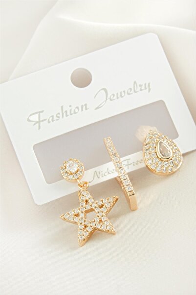ZERO LAND Ilkestor 3 Pieces Star Zircon (15723) Stone Earrings-Yellow