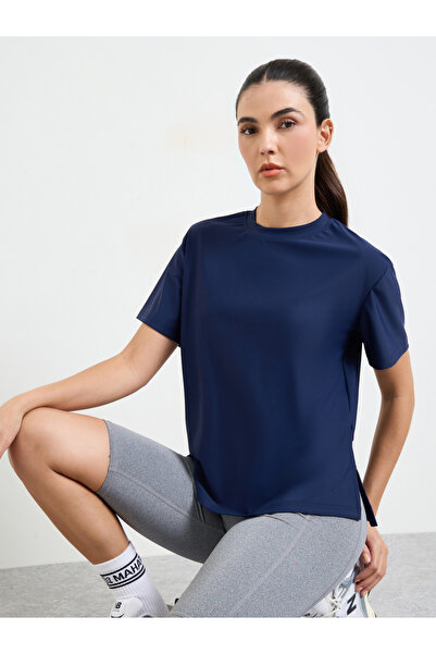 Styli Navy Blue Loose Fit Side Hem Slit Short Sleeve Top