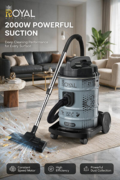 Royal Appliances مكنسة كهربائية أسطوانية الشكل |   مكنسة كهربائية أسطوانية بقوة شفط 2000 واط، سعة 21 لتر، سلك بطول 4 متر، أنبوب معدني تلسكوبي، فرشاة بلاستيكية وكيس غبار |   مثالي للاستخدام المنزلي وفي الورش |   في سي إس-2121