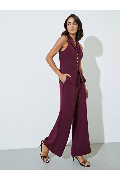Styli Burgundy Solid Wide Leg Trousers